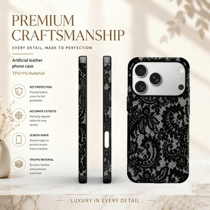 1pc Black Lace Pattern Protective Phone Case, Comfortable Grip, Fashionable Phone Cover, Microfiber Leather Anti-Drop Anti-Shock Soft Shell For IPhone 17/16/15/14/13/12/11/Galaxy S24 Ultra/S24/S23/S22