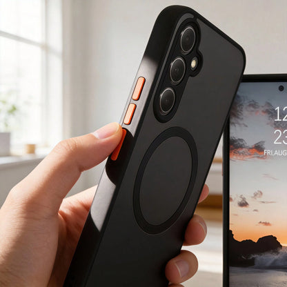 1pc Black Magnetic Style Soft-Touch Matte Perforated Standalone Magnetic Wireless Charging Compatible Phone Case Compatible With Apple 7/8/X/XR/XS Max/11/12/13/14/15/16/17 Pro Max, Galaxy A14/A15/A16