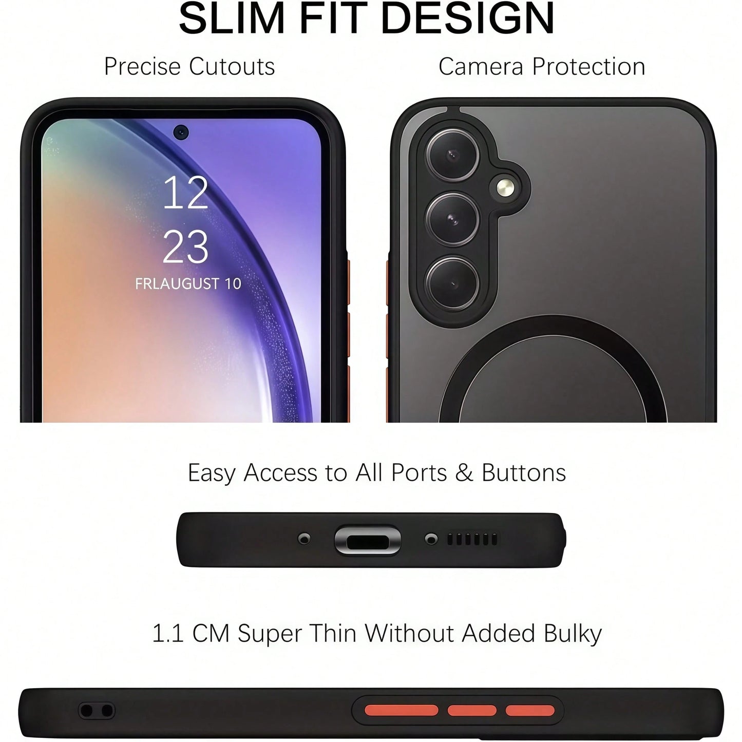 1pc Black Magnetic Style Soft-Touch Matte Perforated Standalone Magnetic Wireless Charging Compatible Phone Case Compatible With Apple 7/8/X/XR/XS Max/11/12/13/14/15/16/17 Pro Max, Galaxy A14/A15/A16