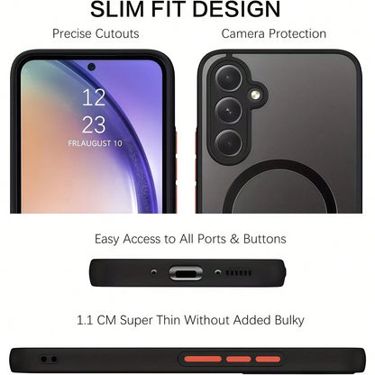 1pc Black Magnetic Style Soft-Touch Matte Perforated Standalone Magnetic Wireless Charging Compatible Phone Case Compatible With Apple 7/8/X/XR/XS Max/11/12/13/14/15/16/17 Pro Max, Galaxy A14/A15/A16