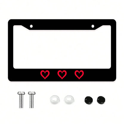 1pc Black Novelty And Fun- Themed License Plate Frame With Red Heart Prints, Aluminum- Made, 6x12 Inches, 2- Hole Type, With Screw Set, Automobile Decoration And, Meets US Auto Standards