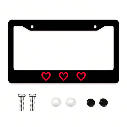 1pc Black Novelty And Fun- Themed License Plate Frame With Red Heart Prints, Aluminum- Made, 6x12 Inches, 2- Hole Type, With Screw Set, Automobile Decoration And, Meets US Auto Standards