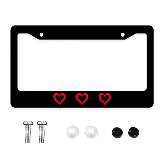 1pc Black Novelty And Fun- Themed License Plate Frame With Red Heart Prints, Aluminum- Made, 6x12 Inches, 2- Hole Type, With Screw Set, Automobile Decoration And, Meets US Auto Standards