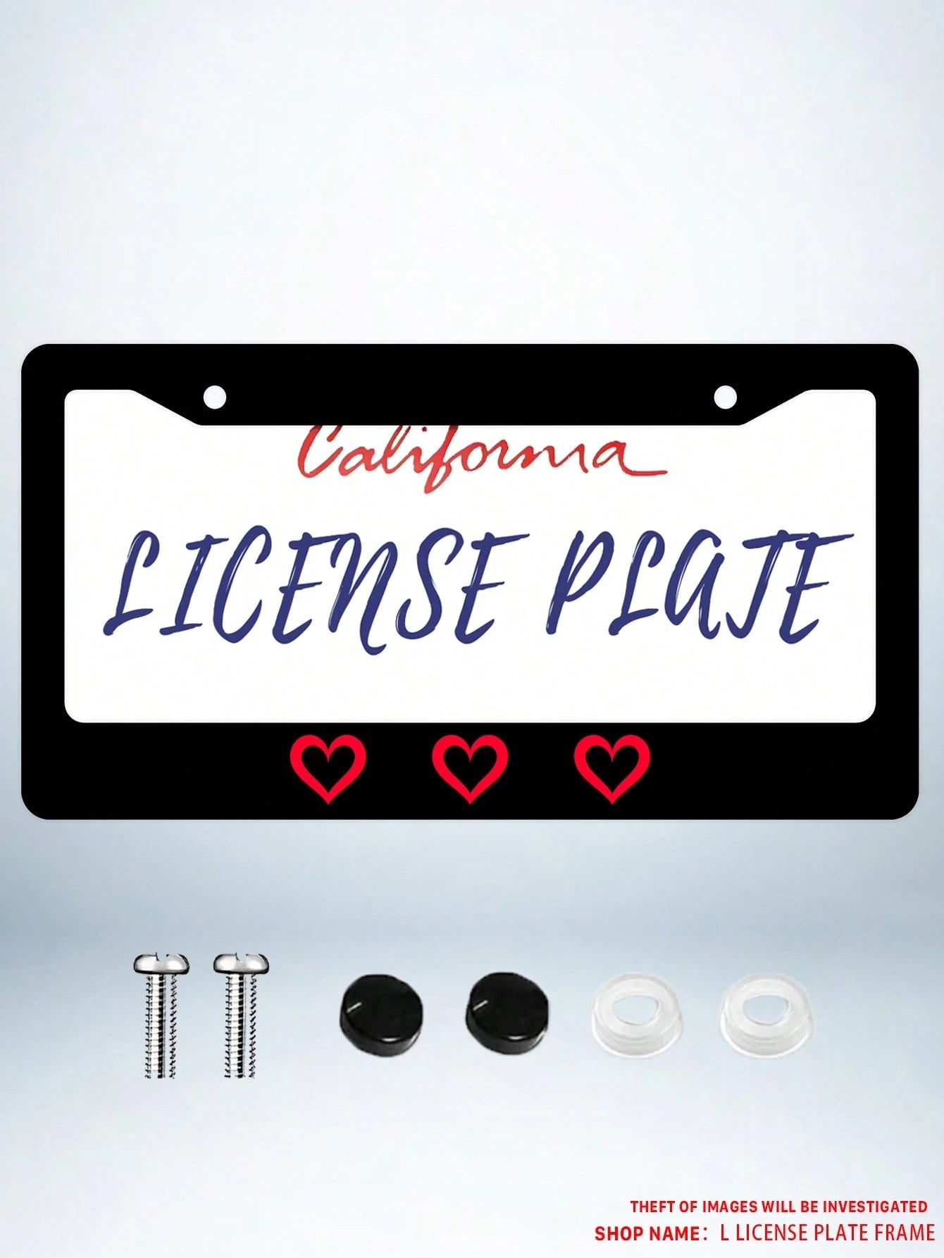 1pc Black Novelty And Fun- Themed License Plate Frame With Red Heart Prints, Aluminum- Made, 6x12 Inches, 2- Hole Type, With Screw Set, Automobile Decoration And, Meets US Auto Standards