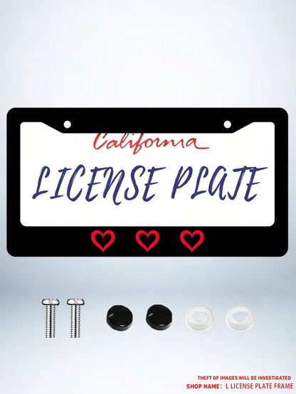1pc Black Novelty And Fun- Themed License Plate Frame With Red Heart Prints, Aluminum- Made, 6x12 Inches, 2- Hole Type, With Screw Set, Automobile Decoration And, Meets US Auto Standards