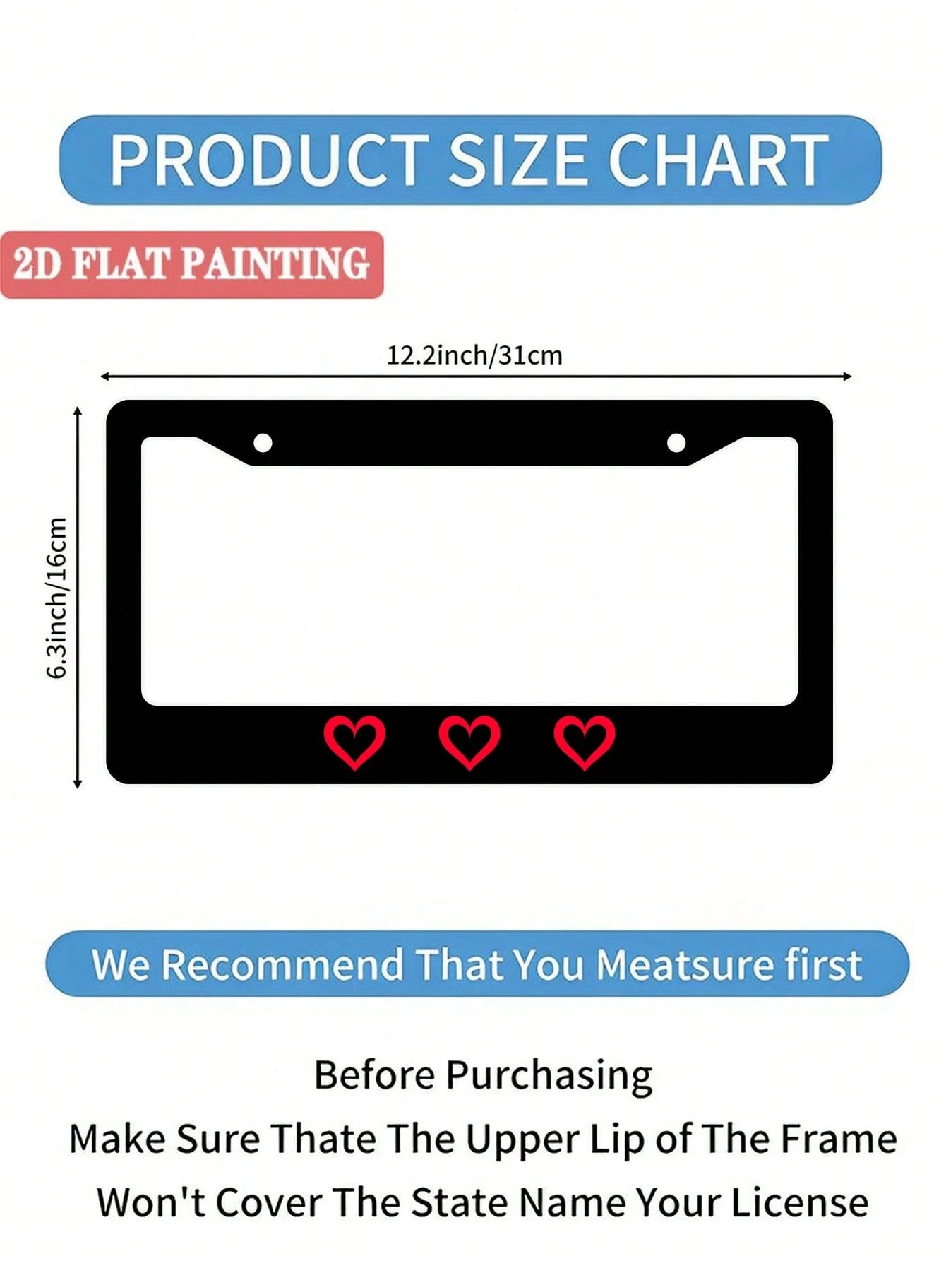 1pc Black Novelty And Fun- Themed License Plate Frame With Red Heart Prints, Aluminum- Made, 6x12 Inches, 2- Hole Type, With Screw Set, Automobile Decoration And, Meets US Auto Standards