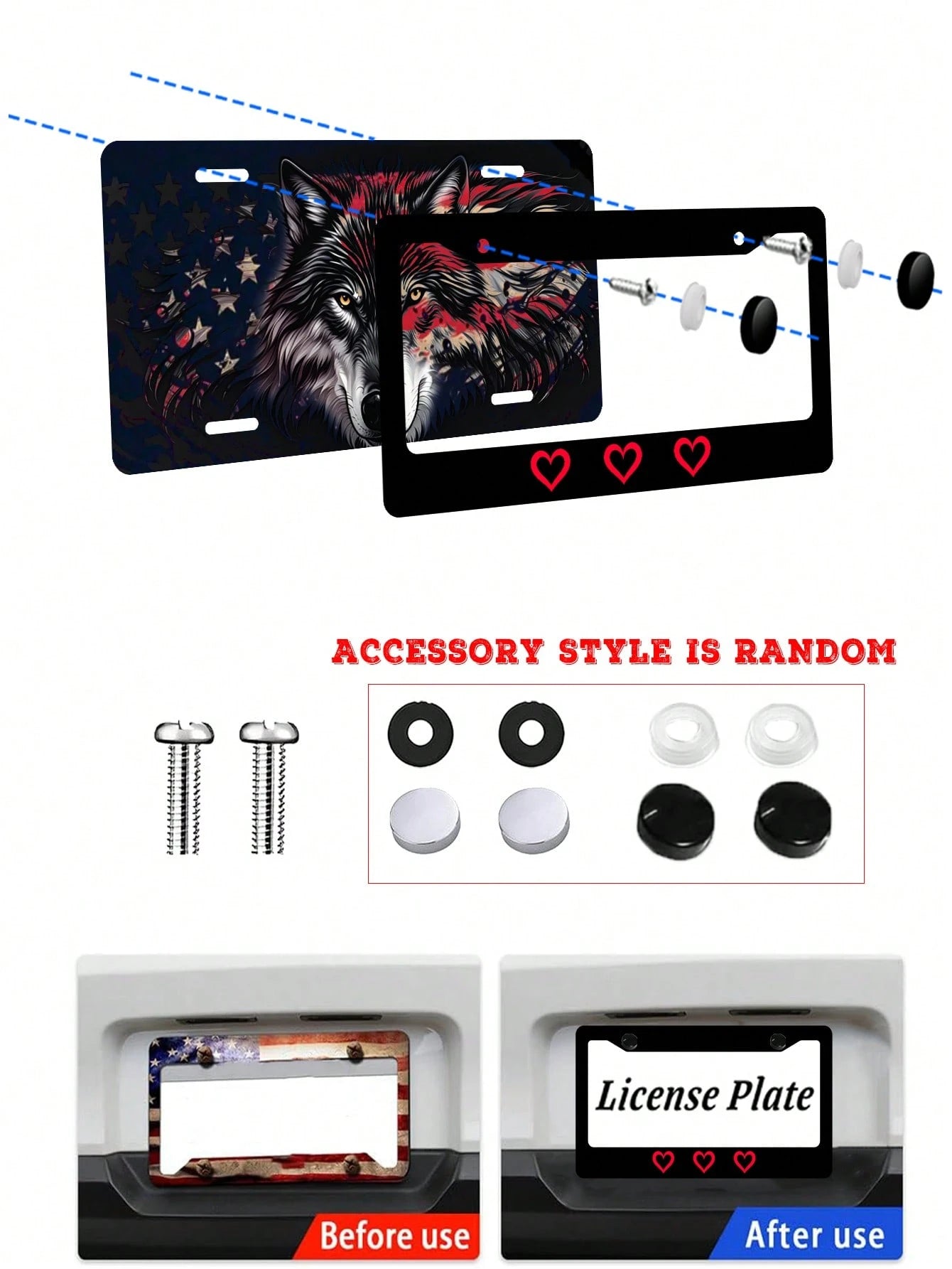 1pc Black Novelty And Fun- Themed License Plate Frame With Red Heart Prints, Aluminum- Made, 6x12 Inches, 2- Hole Type, With Screw Set, Automobile Decoration And, Meets US Auto Standards