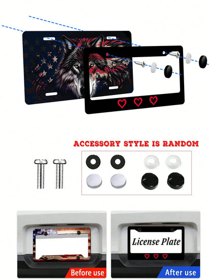 1pc Black Novelty And Fun- Themed License Plate Frame With Red Heart Prints, Aluminum- Made, 6x12 Inches, 2- Hole Type, With Screw Set, Automobile Decoration And, Meets US Auto Standards