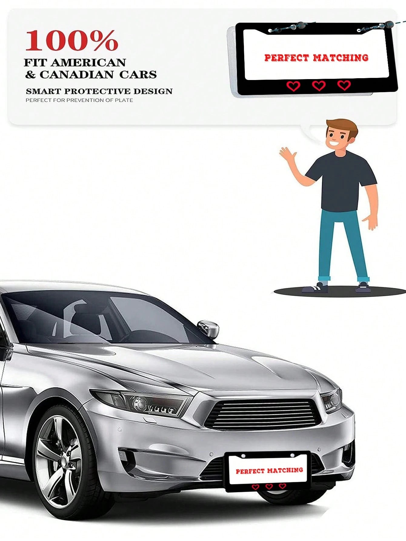 1pc Black Novelty And Fun- Themed License Plate Frame With Red Heart Prints, Aluminum- Made, 6x12 Inches, 2- Hole Type, With Screw Set, Automobile Decoration And, Meets US Auto Standards