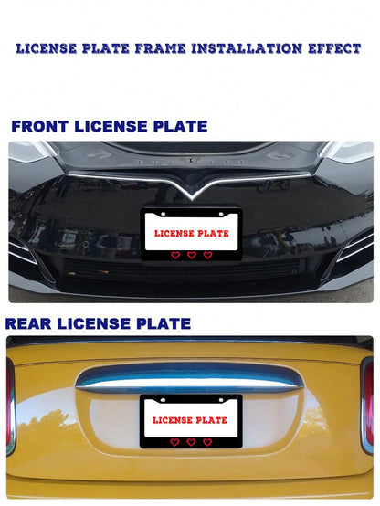 1pc Black Novelty And Fun- Themed License Plate Frame With Red Heart Prints, Aluminum- Made, 6x12 Inches, 2- Hole Type, With Screw Set, Automobile Decoration And, Meets US Auto Standards