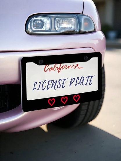 1pc Black Novelty And Fun- Themed License Plate Frame With Red Heart Prints, Aluminum- Made, 6x12 Inches, 2- Hole Type, With Screw Set, Automobile Decoration And, Meets US Auto Standards