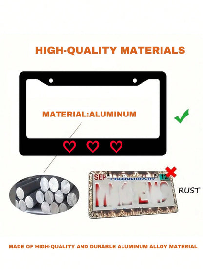 1pc Black Novelty And Fun- Themed License Plate Frame With Red Heart Prints, Aluminum- Made, 6x12 Inches, 2- Hole Type, With Screw Set, Automobile Decoration And, Meets US Auto Standards