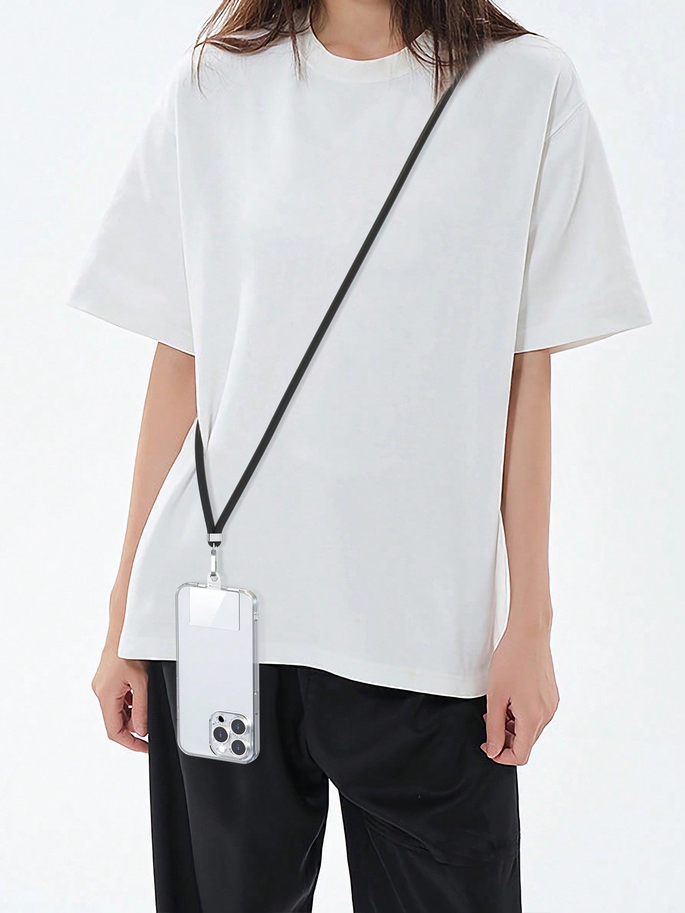1pc Black + Silver Metal Accessory Phone Lanyard, Includes Transparent Pad For Phone Case Attachment, Multi-Functional Adjustable Neck Strap, Length 145cm/57in, Compatible With All Smartphones, Univer