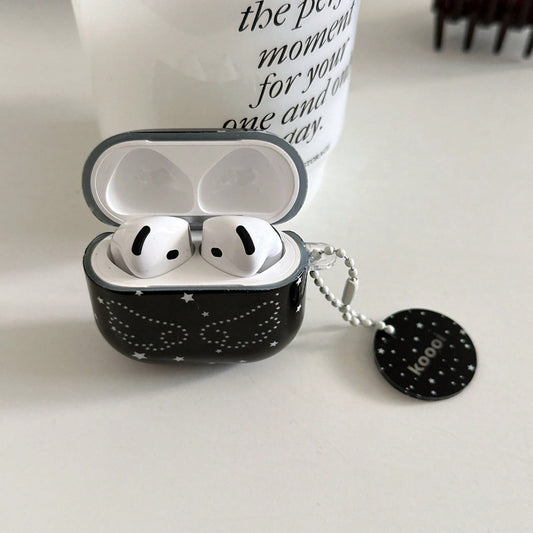 1pc Black Star Wings Wireless Earbud Case Cover, Y2K Glossy PC Rounded Protective Shell With Keychain Ring, Anti-Scratch Shockproof Charging Case Cover Compatible With Pro 1/2/3 Gen And Pods 1/2/3/4 G