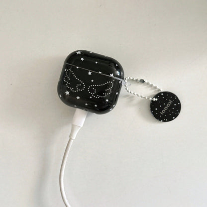 1pc Black Star Wings Wireless Earbud Case Cover, Y2K Glossy PC Rounded Protective Shell With Keychain Ring, Anti-Scratch Shockproof Charging Case Cover Compatible With Pro 1/2/3 Gen And Pods 1/2/3/4 G