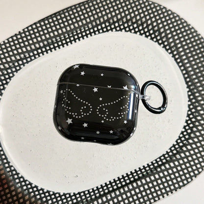 1pc Black Star Wings Wireless Earbud Case Cover, Y2K Glossy PC Rounded Protective Shell With Keychain Ring, Anti-Scratch Shockproof Charging Case Cover Compatible With Pro 1/2/3 Gen And Pods 1/2/3/4 G