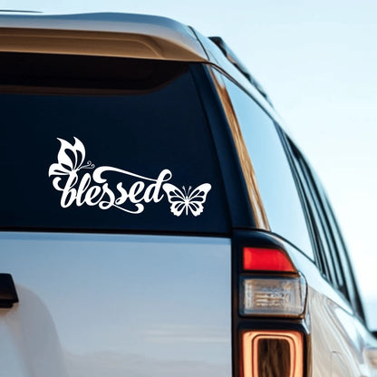 1pc Blessed With Butterflies Vinyl Car Sticker, Inspirational Christian Faith Decal For Car Rear Window, Waterproof Removable Elegant Cursive Lettering Decorative Sticker For Sedan SUV Van, Delicate B
