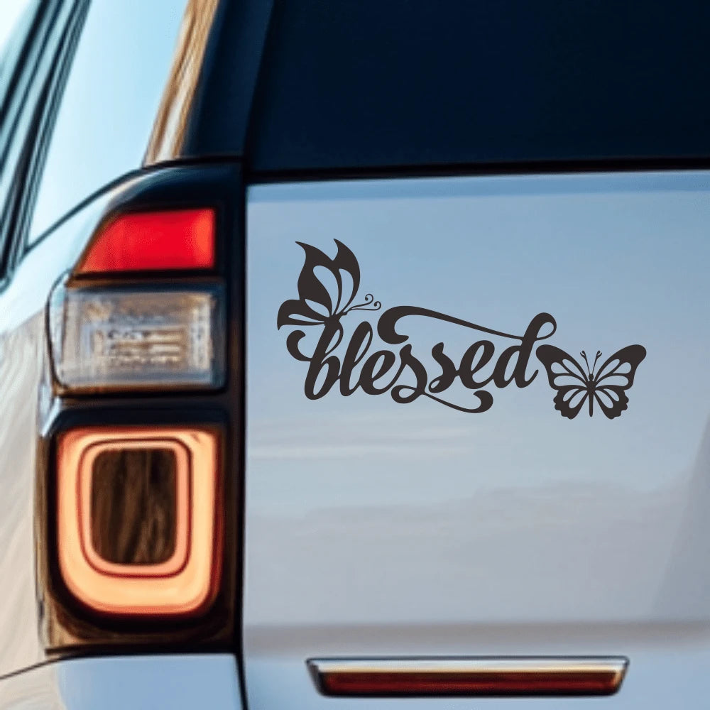 1pc Blessed With Butterflies Vinyl Car Sticker, Inspirational Christian Faith Decal For Car Rear Window, Waterproof Removable Elegant Cursive Lettering Decorative Sticker For Sedan SUV Van, Delicate B