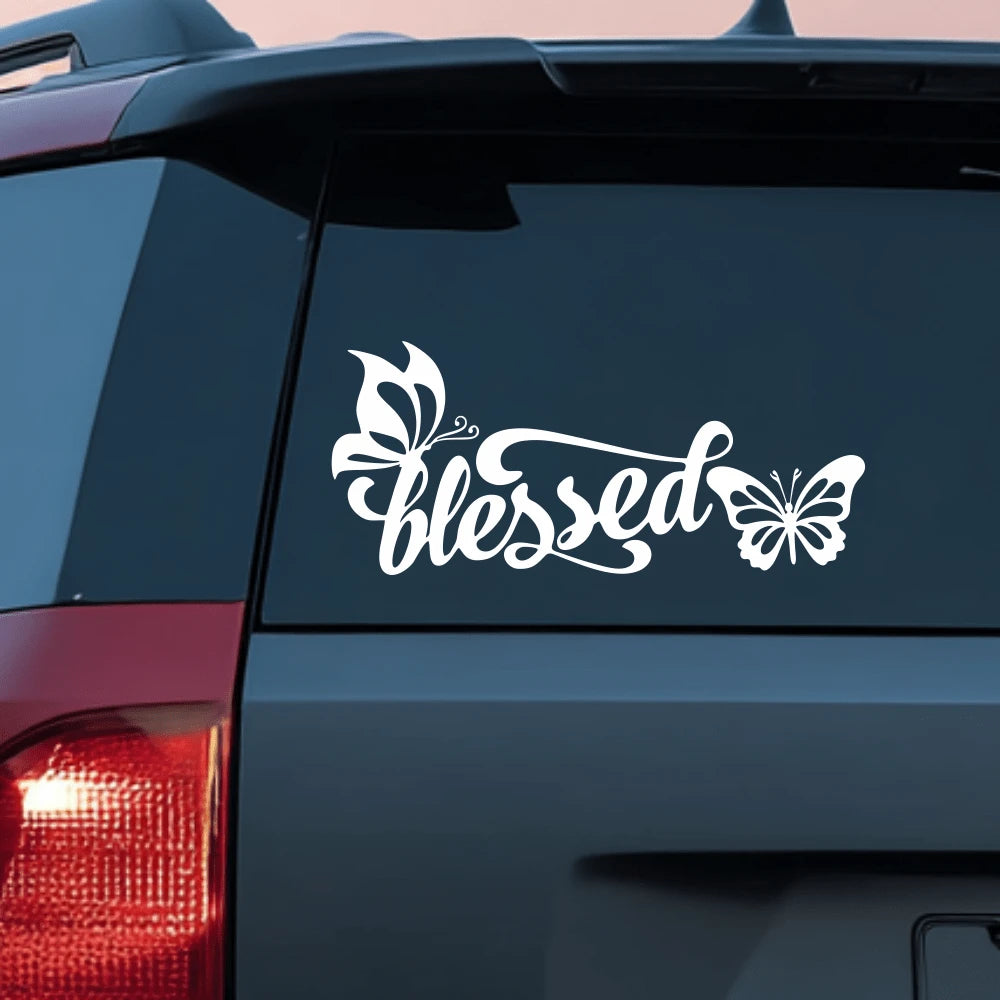 1pc Blessed With Butterflies Vinyl Car Sticker, Inspirational Christian Faith Decal For Car Rear Window, Waterproof Removable Elegant Cursive Lettering Decorative Sticker For Sedan SUV Van, Delicate B