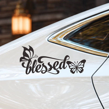 1pc Blessed With Butterflies Vinyl Car Sticker, Inspirational Christian Faith Decal For Car Rear Window, Waterproof Removable Elegant Cursive Lettering Decorative Sticker For Sedan SUV Van, Delicate B