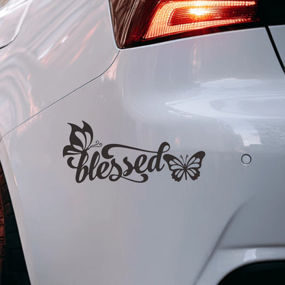 1pc Blessed With Butterflies Vinyl Car Sticker, Inspirational Christian Faith Decal For Car Rear Window, Waterproof Removable Elegant Cursive Lettering Decorative Sticker For Sedan SUV Van, Delicate B