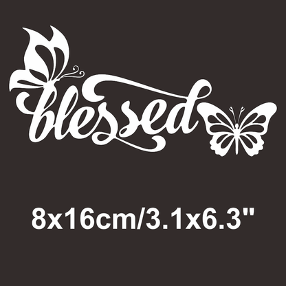 1pc Blessed With Butterflies Vinyl Car Sticker, Inspirational Christian Faith Decal For Car Rear Window, Waterproof Removable Elegant Cursive Lettering Decorative Sticker For Sedan SUV Van, Delicate B