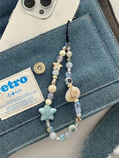 1pc Blue Star Shell Beaded Phone Strap, Lovely Charm Chain Lanyard, Keychain, Camera Strap, Phone Case Decor, Women's Backpack Pendant Gifts For Mother, Family, Friends, Birthday, Holiday Phone Charm