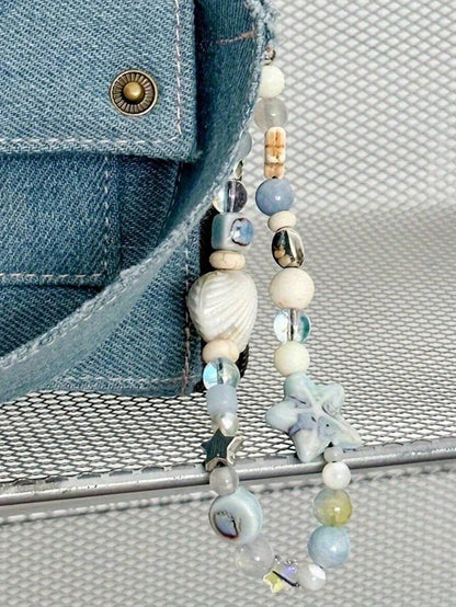 1pc Blue Star Shell Beaded Phone Strap, Lovely Charm Chain Lanyard, Keychain, Camera Strap, Phone Case Decor, Women's Backpack Pendant Gifts For Mother, Family, Friends, Birthday, Holiday Phone Charm