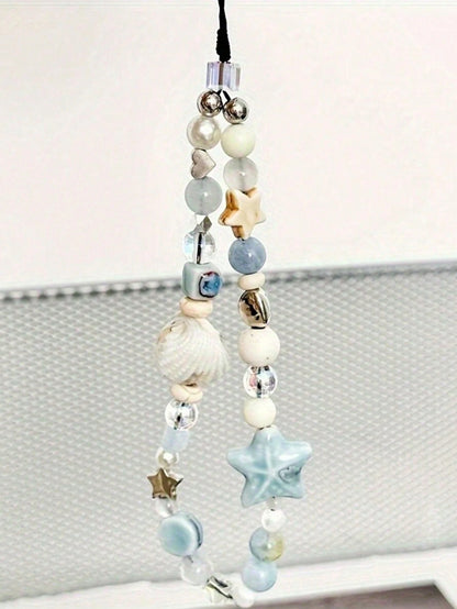 1pc Blue Star Shell Beaded Phone Strap, Lovely Charm Chain Lanyard, Keychain, Camera Strap, Phone Case Decor, Women's Backpack Pendant Gifts For Mother, Family, Friends, Birthday, Holiday Phone Charm