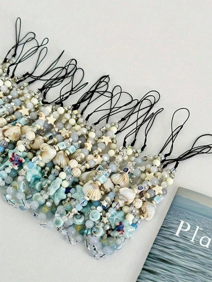 1pc Blue Star Shell Beaded Phone Strap, Lovely Charm Chain Lanyard, Keychain, Camera Strap, Phone Case Decor, Women's Backpack Pendant Gifts For Mother, Family, Friends, Birthday, Holiday Phone Charm