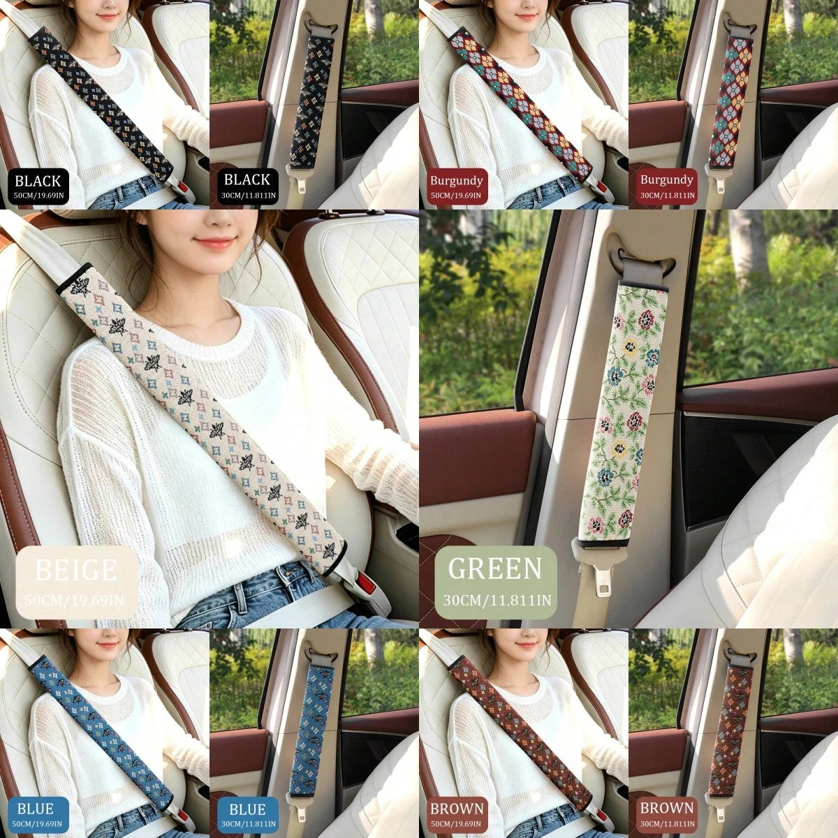 1pc Bohemian Car Seat Belt Pad, Breathable Linen Material, 30cm/50cm Size Options, PU Leather Edging, Wear-Resistant Anti-Slip, Suitable For All Seasons, Self-Adhesive Easy Installation, Car Interior