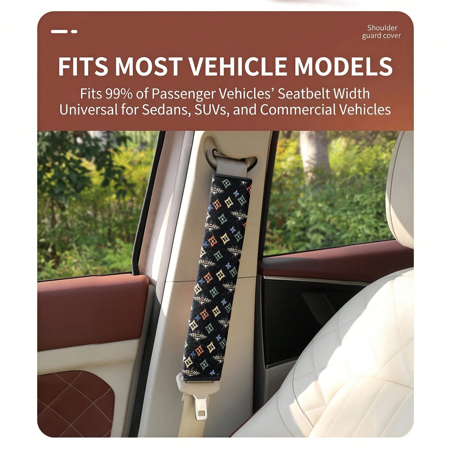 1pc Bohemian Car Seat Belt Pad, Breathable Linen Material, 30cm/50cm Size Options, PU Leather Edging, Wear-Resistant Anti-Slip, Suitable For All Seasons, Self-Adhesive Easy Installation, Car Interior