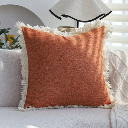 1pc Bohemian Style Solid Orange Faux Linen Tassel Trim Autumn Throw Pillow Cover, Modern Farmhouse Decor Cushion Case For Sofa Bed Living Room (30x50cm/45x45cm, Insert Not Included)