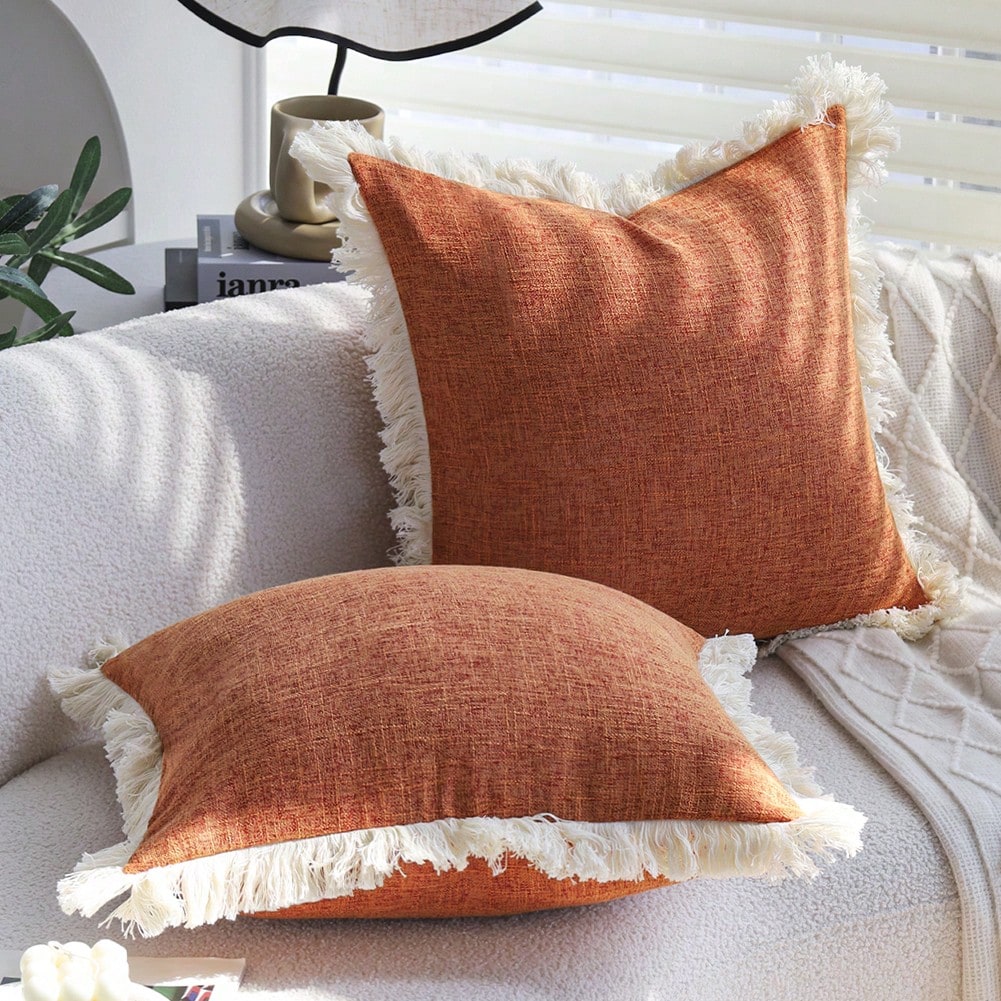 1pc Bohemian Style Solid Orange Faux Linen Tassel Trim Autumn Throw Pillow Cover, Modern Farmhouse Decor Cushion Case For Sofa Bed Living Room (30x50cm/45x45cm, Insert Not Included)