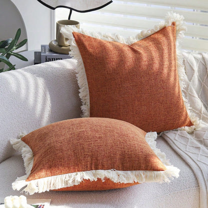 1pc Bohemian Style Solid Orange Faux Linen Tassel Trim Autumn Throw Pillow Cover, Modern Farmhouse Decor Cushion Case For Sofa Bed Living Room (30x50cm/45x45cm, Insert Not Included)