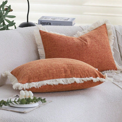 1pc Bohemian Style Solid Orange Faux Linen Tassel Trim Autumn Throw Pillow Cover, Modern Farmhouse Decor Cushion Case For Sofa Bed Living Room (30x50cm/45x45cm, Insert Not Included)