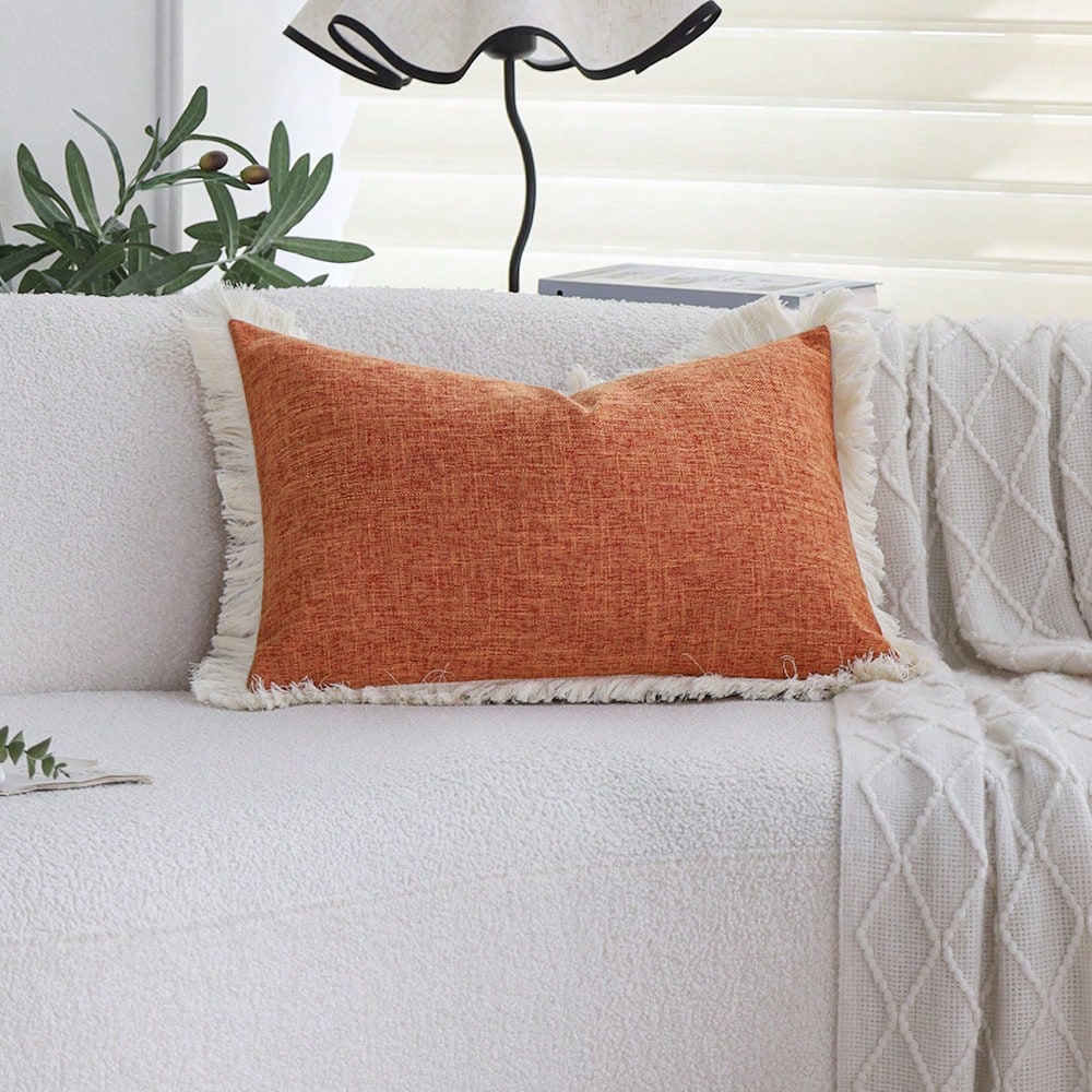 1pc Bohemian Style Solid Orange Faux Linen Tassel Trim Autumn Throw Pillow Cover, Modern Farmhouse Decor Cushion Case For Sofa Bed Living Room (30x50cm/45x45cm, Insert Not Included)