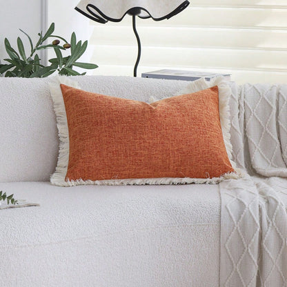 1pc Bohemian Style Solid Orange Faux Linen Tassel Trim Autumn Throw Pillow Cover, Modern Farmhouse Decor Cushion Case For Sofa Bed Living Room (30x50cm/45x45cm, Insert Not Included)