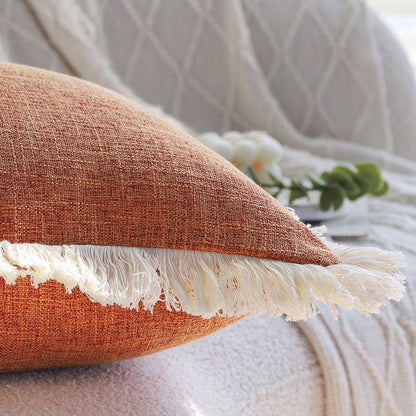 1pc Bohemian Style Solid Orange Faux Linen Tassel Trim Autumn Throw Pillow Cover, Modern Farmhouse Decor Cushion Case For Sofa Bed Living Room (30x50cm/45x45cm, Insert Not Included)