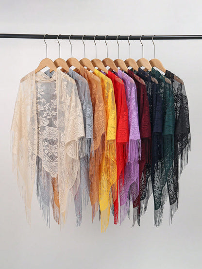 1pc Bohemian Style Women Elegant Hollow Out Lace Fringed Scarf, Fashionable Versatile Women Shawl, Solid Floral Shawl Suitable For Daily Wear, Formal Events And Outdoor Use For Dress