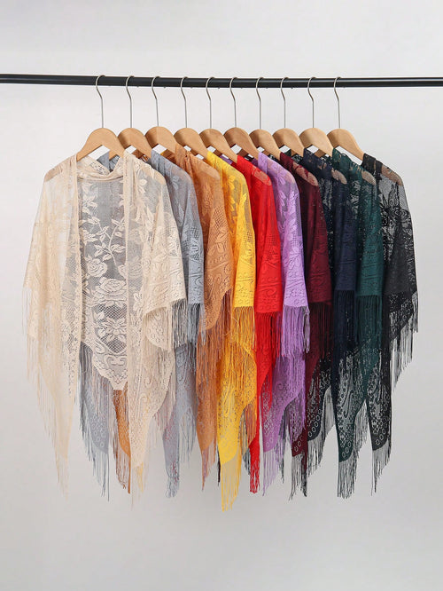 1pc Bohemian Style Women Elegant Hollow Out Lace Fringed Scarf, Fashionable Versatile Women Shawl, Solid Floral Shawl Suitable For Daily Wear, Formal Events And Outdoor Use For Dress