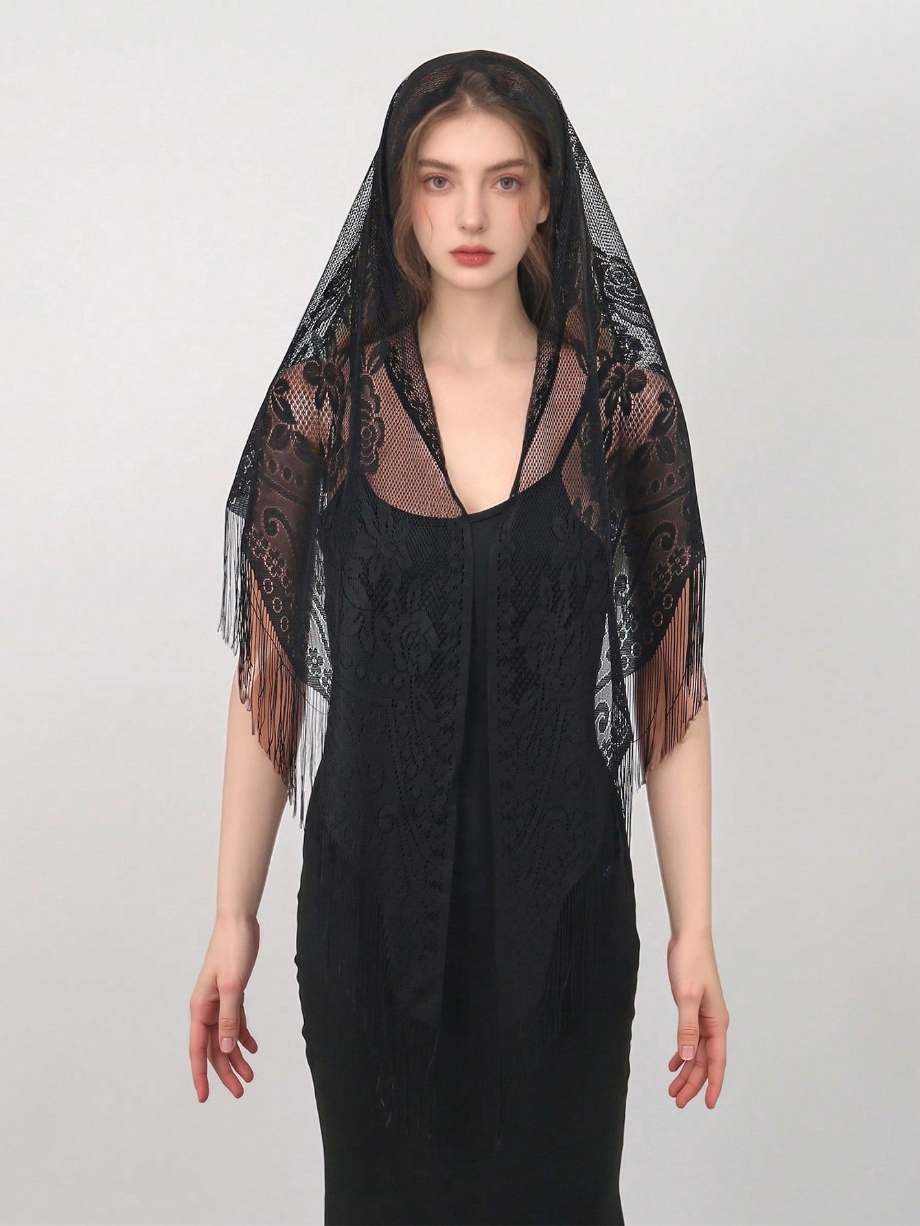 1pc Bohemian Style Women Elegant Hollow Out Lace Fringed Scarf, Fashionable Versatile Women Shawl, Solid Floral Shawl Suitable For Daily Wear, Formal Events And Outdoor Use For Dress