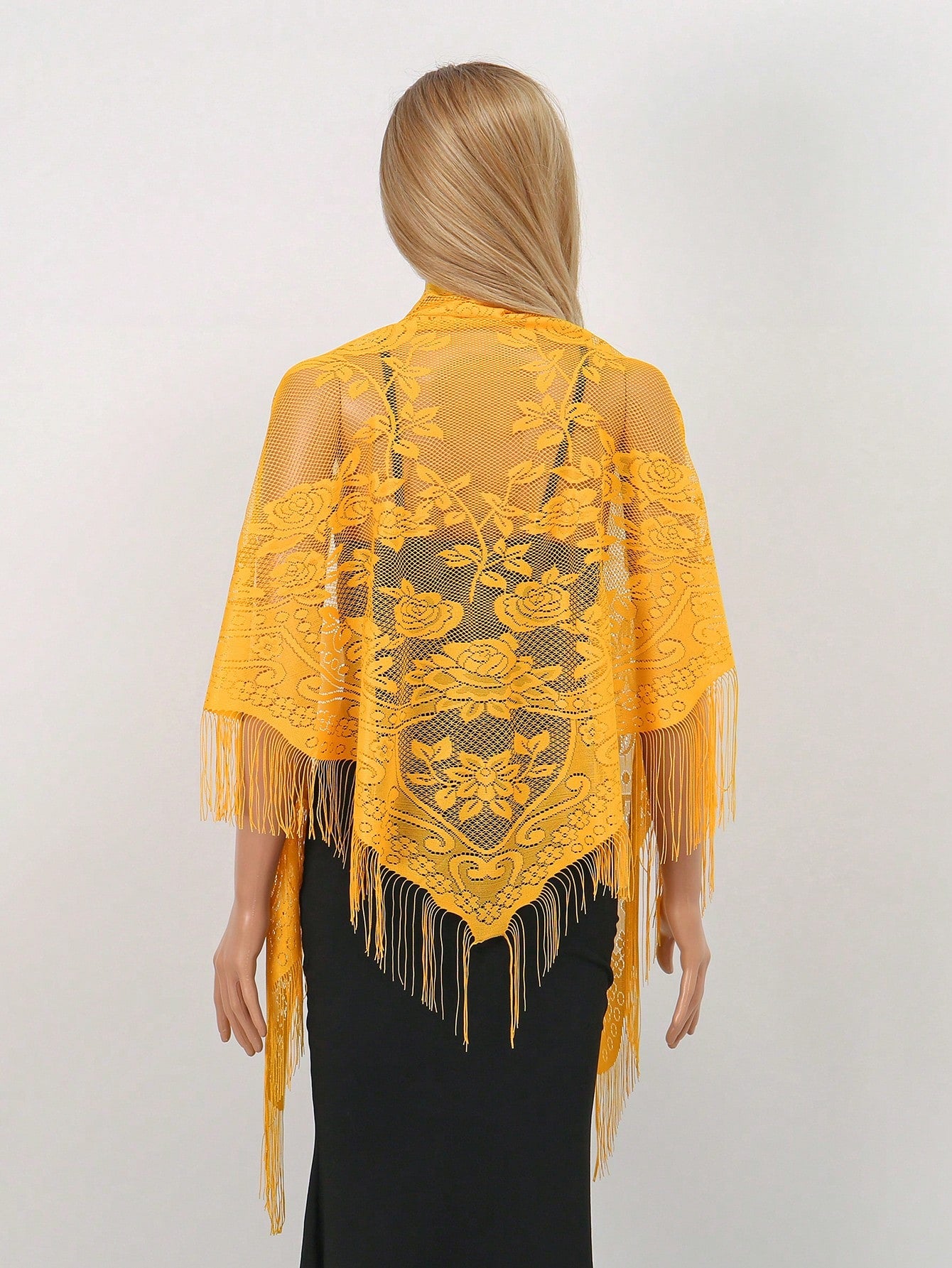 1pc Bohemian Style Women Elegant Hollow Out Lace Fringed Scarf, Fashionable Versatile Women Shawl, Solid Floral Shawl Suitable For Daily Wear, Formal Events And Outdoor Use For Dress