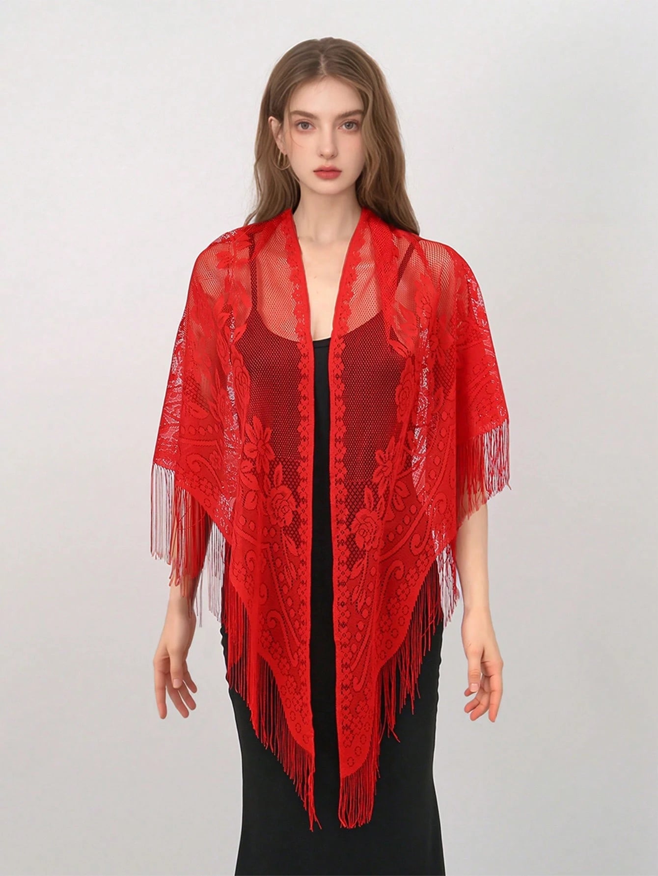 1pc Bohemian Style Women Elegant Hollow Out Lace Fringed Scarf, Fashionable Versatile Women Shawl, Solid Floral Shawl Suitable For Daily Wear, Formal Events And Outdoor Use For Dress