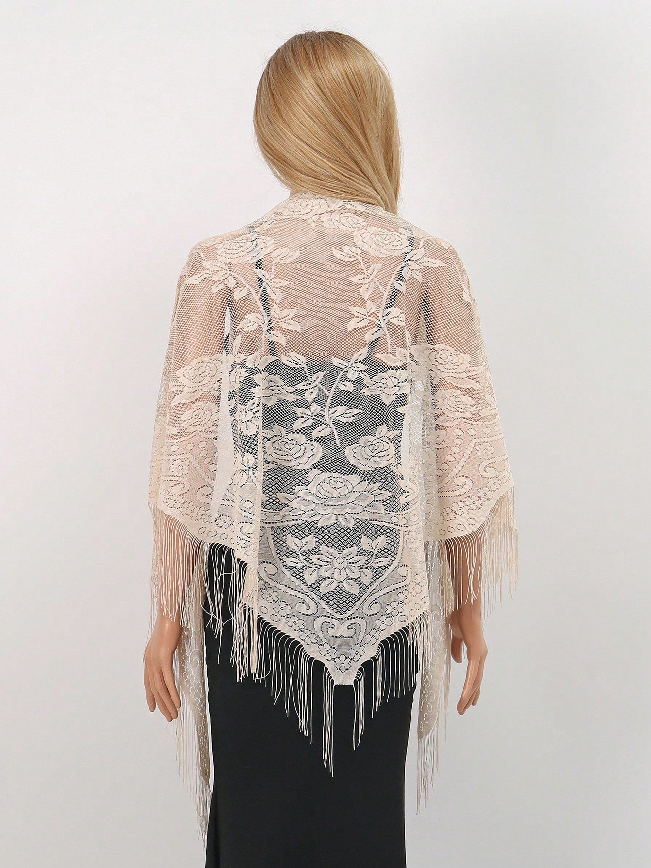 1pc Bohemian Style Women Elegant Hollow Out Lace Fringed Scarf, Fashionable Versatile Women Shawl, Solid Floral Shawl Suitable For Daily Wear, Formal Events And Outdoor Use For Dress