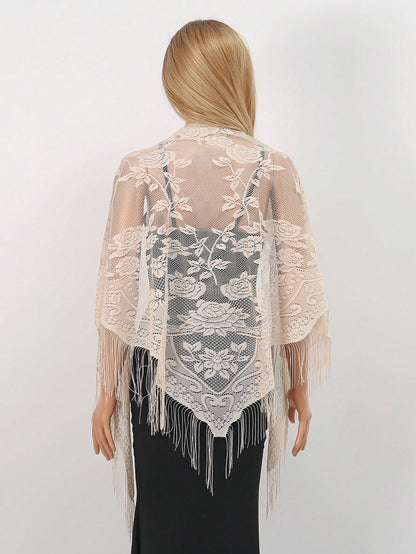 1pc Bohemian Style Women Elegant Hollow Out Lace Fringed Scarf, Fashionable Versatile Women Shawl, Solid Floral Shawl Suitable For Daily Wear, Formal Events And Outdoor Use For Dress
