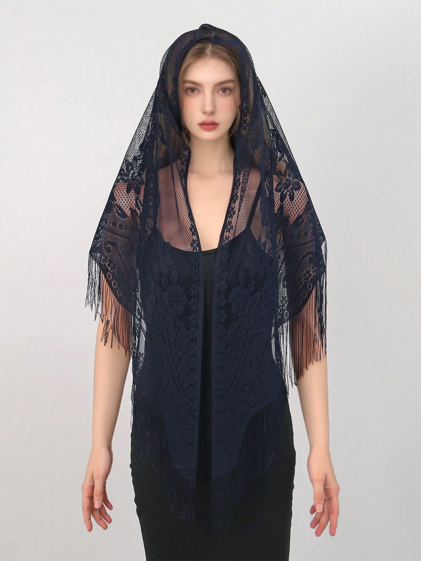1pc Bohemian Style Women Elegant Hollow Out Lace Fringed Scarf, Fashionable Versatile Women Shawl, Solid Floral Shawl Suitable For Daily Wear, Formal Events And Outdoor Use For Dress
