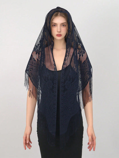 1pc Bohemian Style Women Elegant Hollow Out Lace Fringed Scarf, Fashionable Versatile Women Shawl, Solid Floral Shawl Suitable For Daily Wear, Formal Events And Outdoor Use For Dress