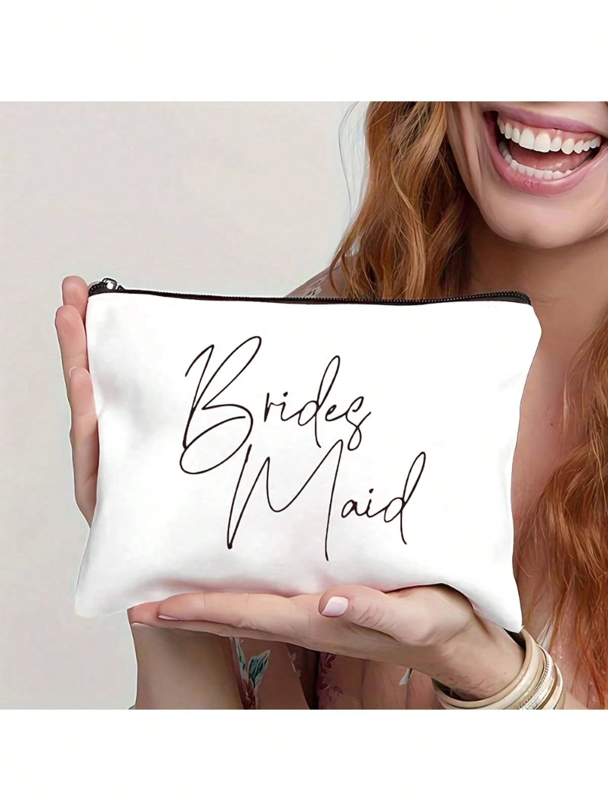 1pc Bridesmaid Cosmetic Bag With Zipper, Wedding Travel Makeup Bag, Suitable For Wedding, Bridal Shower, Bachelorette Party, Party Gift, Cream Bag