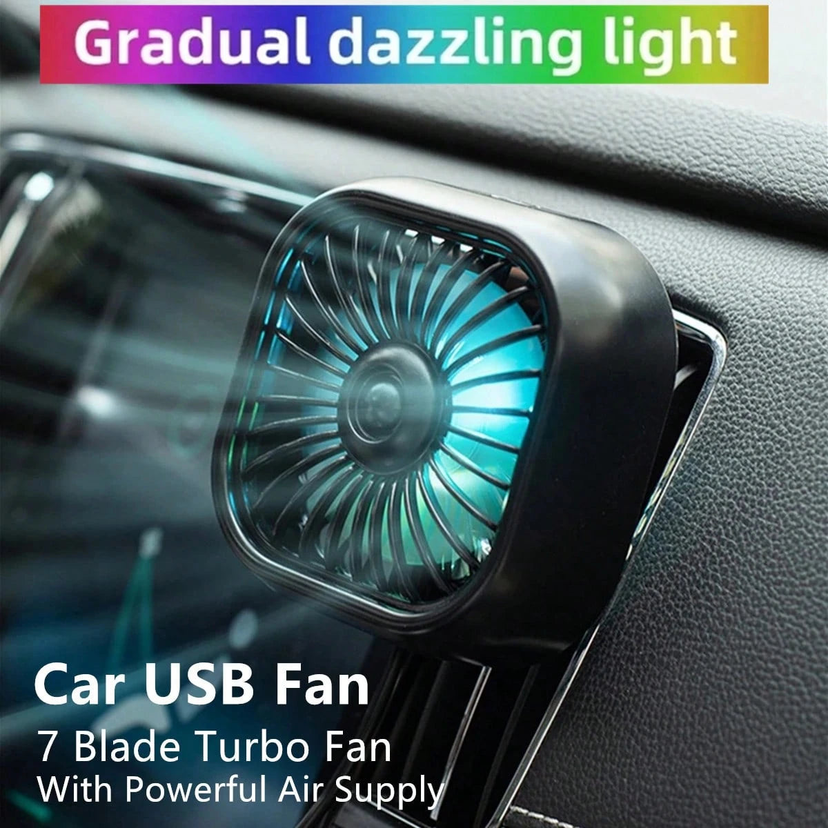 1pc Car Air Vent Cooling Fan, USB Powered Strong 7-Blade Turbine Fan With Gradient Color Atmosphere Light, Low Noise Multi-Function Mini Car Interior Cooling Fan